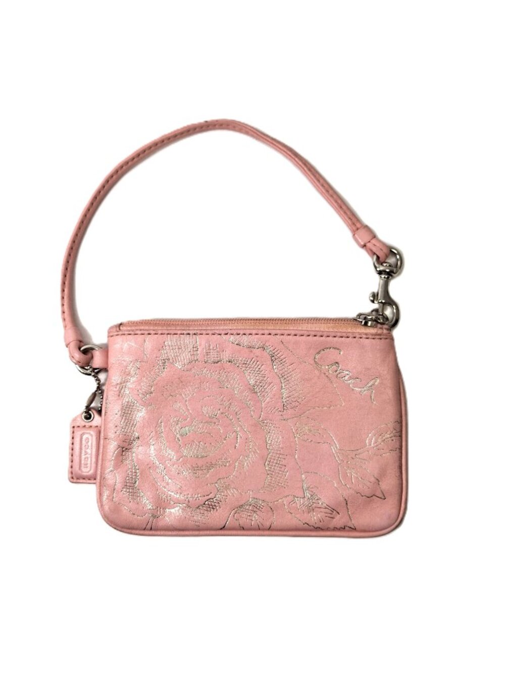 COACH Coral Pink Floral Wristlet Pouch Wallet Silvertone Hardware 6.25 x 4.25 in